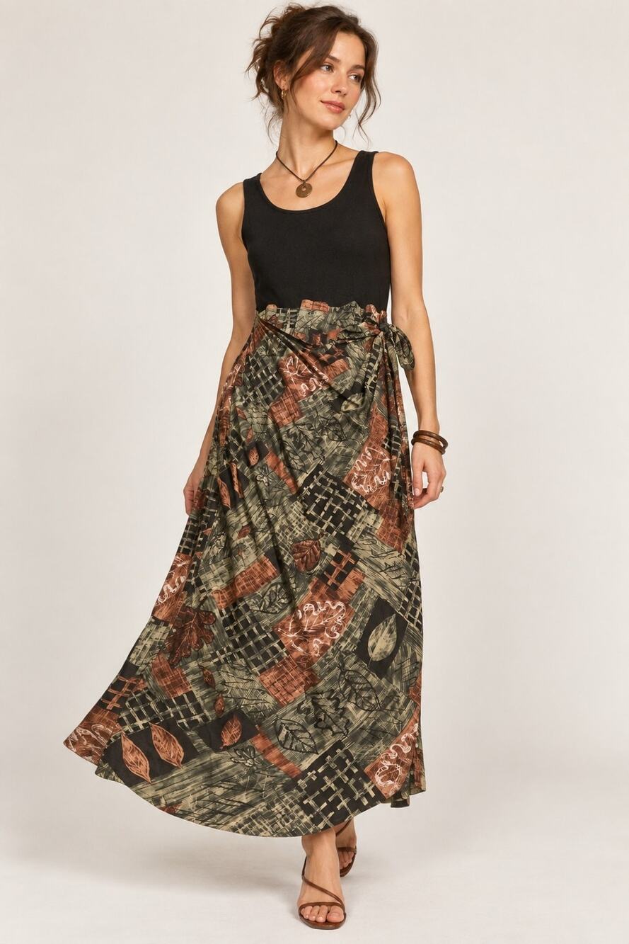Vintage Y2K UM & Company Dress 9/10 Abstract Boho Wrap Maxi Black Earthy Print
